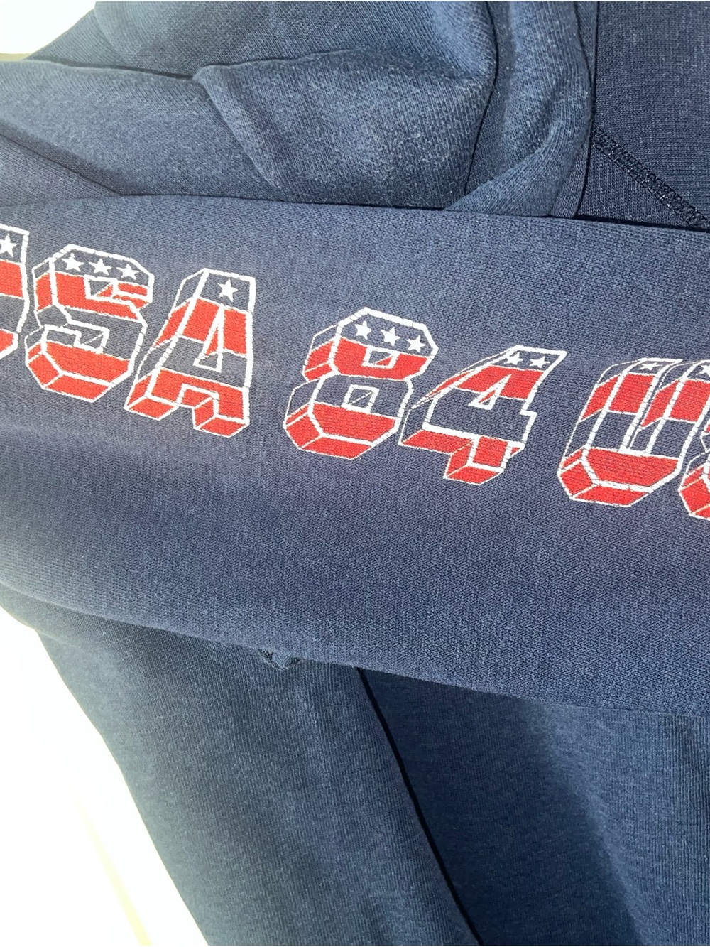 Vintage Navy V-Neck Hoodie Sweater with USA Chest Graphic - Picture 3 of 4